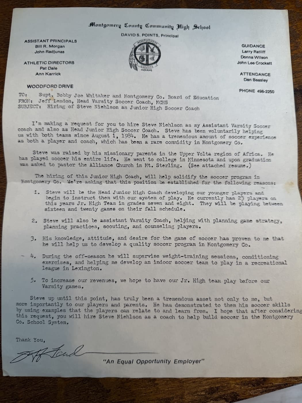Coach Lendon's 1984 letter to the superintendent requesting Steve Nehlsen's hire as varsity assistant and junior high soccer coach