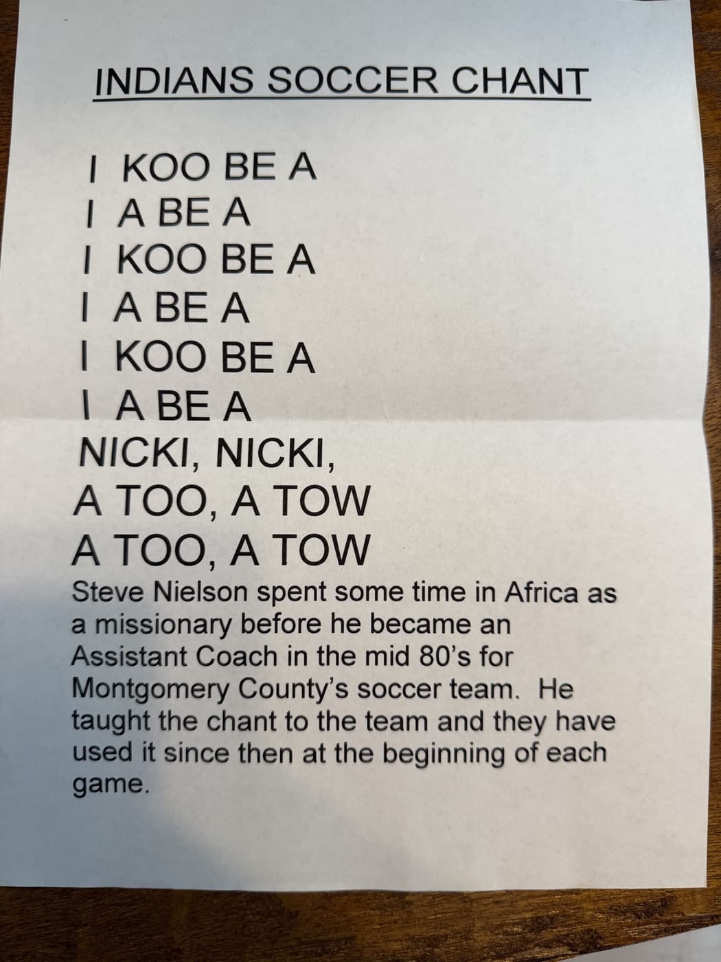 The typed Indians Soccer Chant sheet from Coach Lendon's files, with the chant's history at the bottom