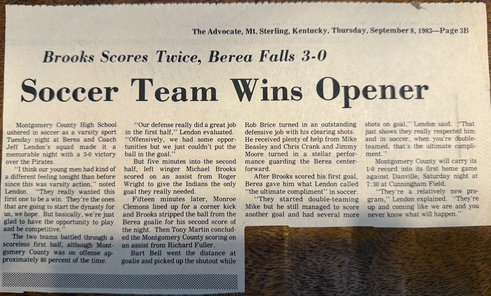 Mt. Sterling Advocate clipping, September 8, 1983: "Brooks Scores Twice, Berea Falls 3-0 — Soccer Team Wins Opener"