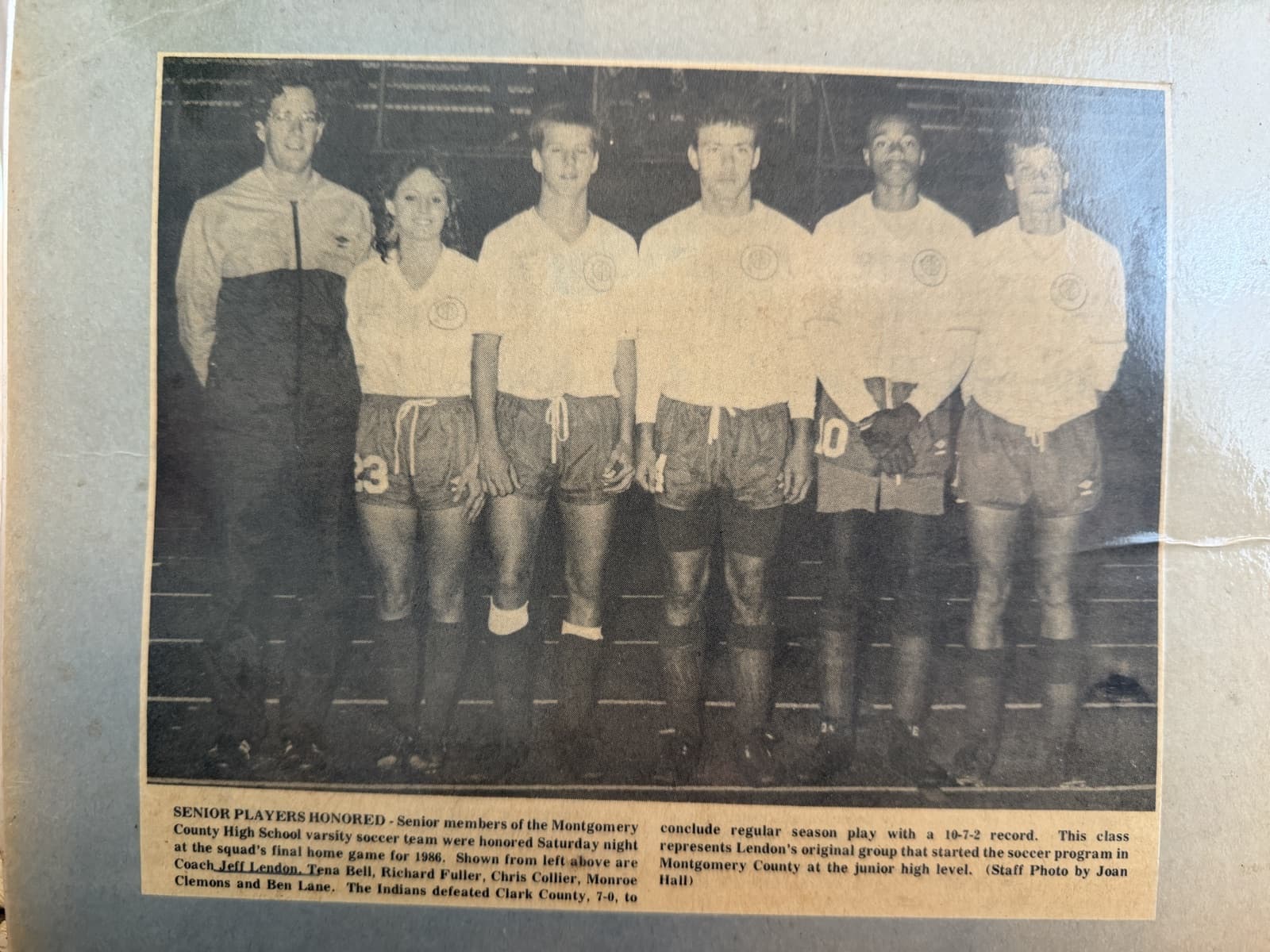 Mt. Sterling Advocate clipping, 1986: Coach Jeff Lendon with senior players Tena Bell, Richard Fuller, Chris Collier, Monroe Clemons, and Ben Lane on Senior Night
